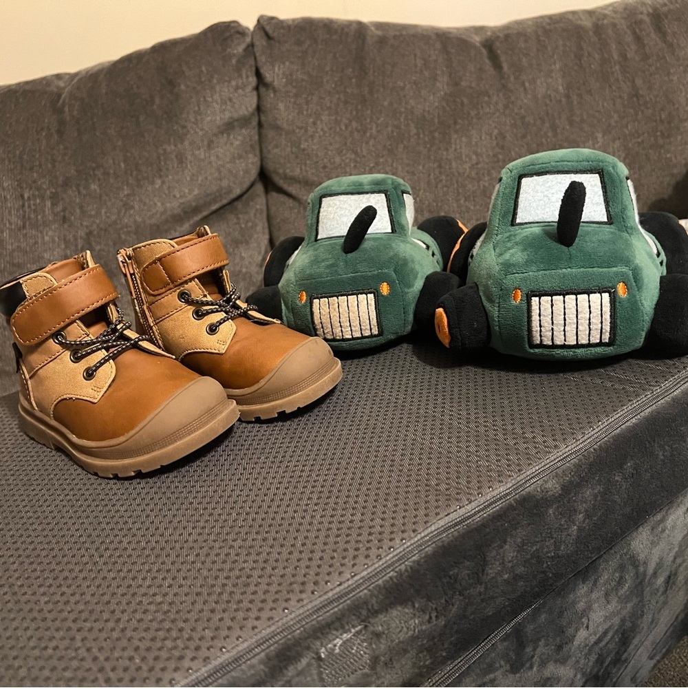 Brown Leather Boots and Green Plush Car slippers & polka dot play shoes